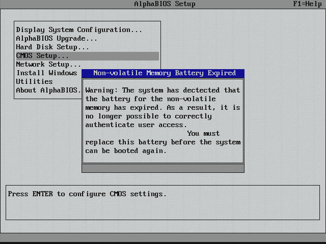 [AlphaBIOS Expired battery Security Warning]