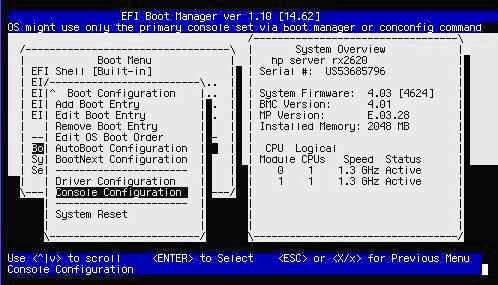 Boot Manager: Selecting the Console Configuration menu